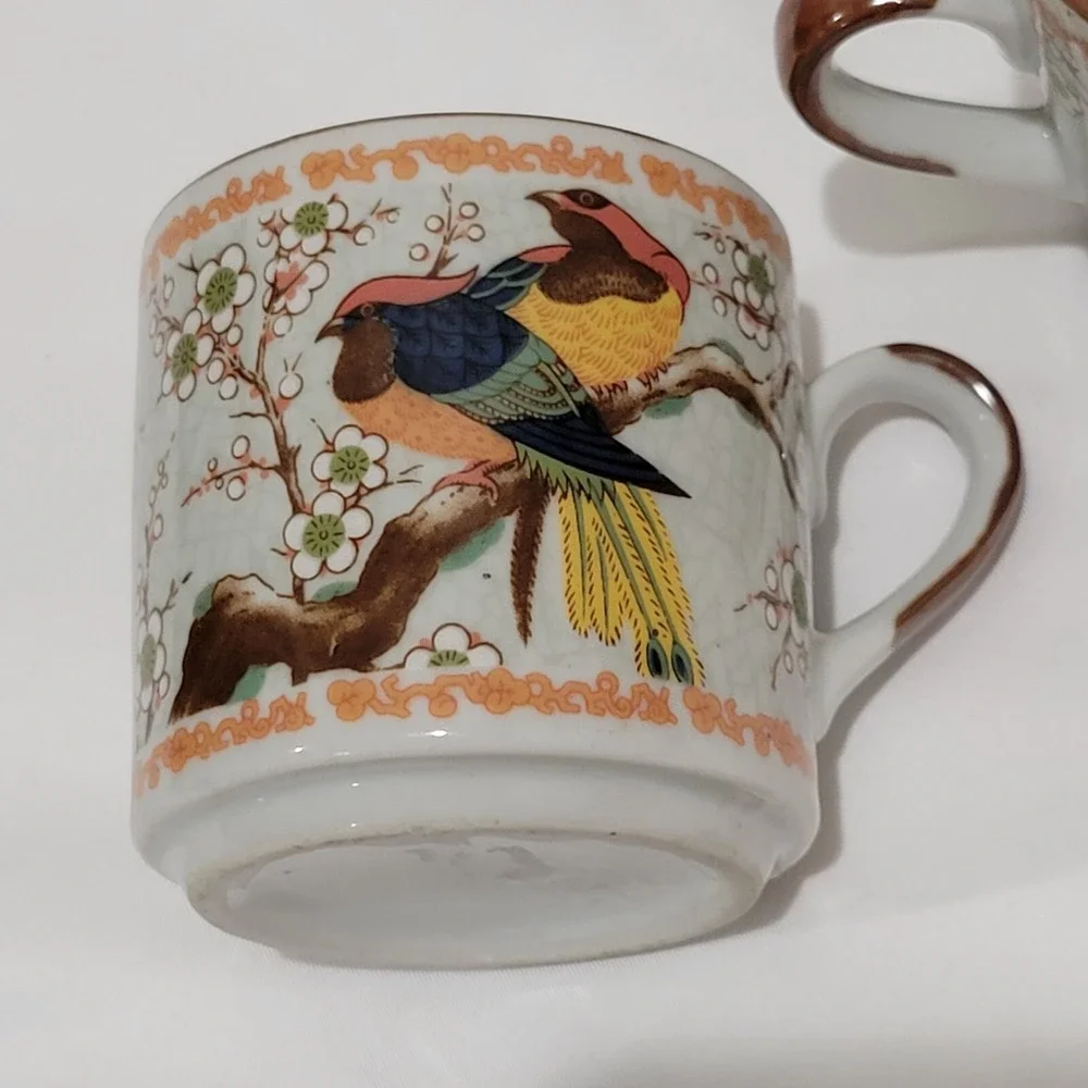 Vintage Asian Style Stoneware Tea Cups Bird Motif Set of 3 Chinoiserie